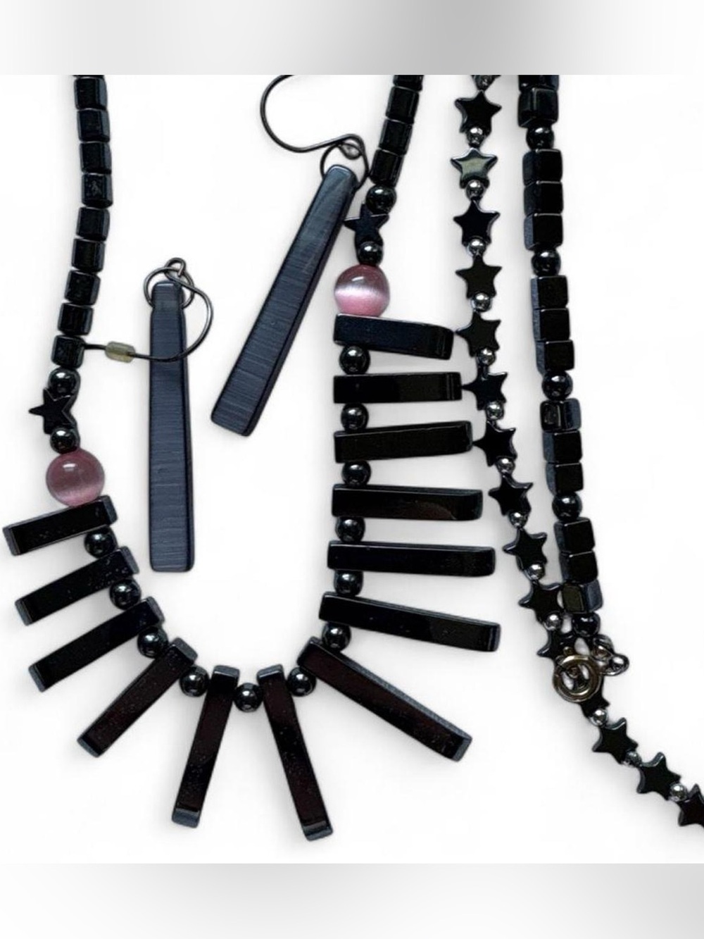 Vintage hematite jewelry bundle including beaded necklace, earrings and anklets